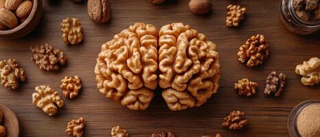 Close-Up of Walnut Kernels and Whole Nuts on Wooden Surface - Healthy Snack and Brain Food Concept photo