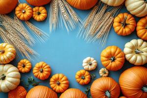 Autumn Harvest Background with Pumpkins and Wheat on Blue Surface, Seasonal Fall Decoration photo