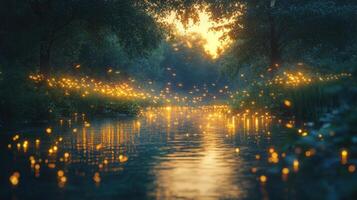 Enchanting Forest Stream at Sunset with Glowing Fireflies Creating a Magical Atmosphere photo