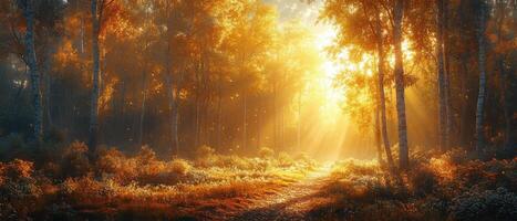 Golden Sunlight Filtering Through Autumn Forest Trees with a Serene Pathway photo