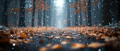 Enchanting Winter Forest Path with Falling Snow and Autumn Leaves photo
