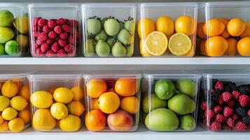 Fresh Fruits in Transparent Storage Containers on Shelves for Optimal Preservation and Organization in Modern Kitchen photo