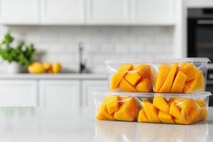 Freshly Sliced Mangoes in Transparent Storage Containers on a Modern Kitchen Counter for Optimal Freshness and Preservation photo