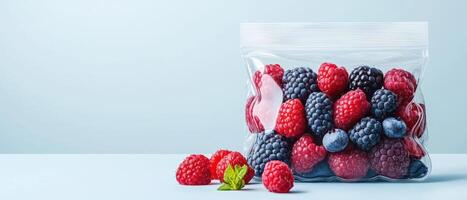 Fresh Berries in a Transparent Ziplock Bag for Long-Term Storage and Preservation Against a Light Blue Background photo
