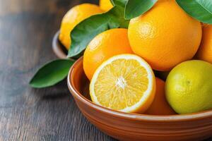 Fresh Oranges and Lemons in a Bowl with Green Leaves on Wooden Table - Perfect for Food Preservation and Storage Concepts photo