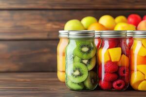 Fresh Fruit Preservation in Glass Jars for Long-Term Storage on Wooden Background photo
