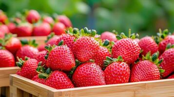 Fresh Strawberries in Wooden Crates for Storage and Preservation of Fruits photo