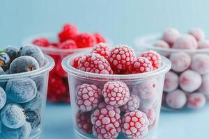 Frozen Berries in Transparent Containers for Fresh Food Preservation and Storage Against Light Blue Background photo
