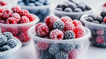Frozen Fresh Berries in Plastic Containers for Long-Term Storage and Preservation of Fruits photo