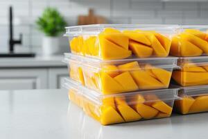 Freshly Sliced Mangoes in Transparent Storage Containers on a Modern Kitchen Counter for Optimal Freshness and Preservation photo