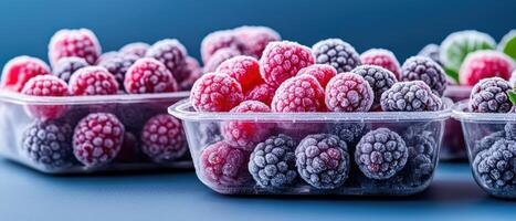 Freshly Frozen Berries in Plastic Containers for Long-Term Preservation and Storage of Fruits photo