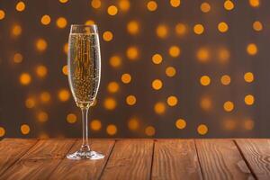 Glasses with champagne on a wooden background against a bokeh background of lights photo