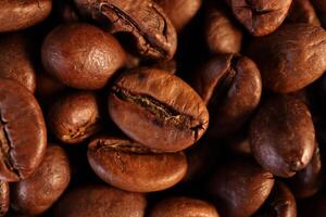 Coffee beans under warm light in close-up photo