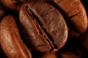 Coffee beans under warm light in close-up photo