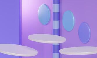 Three violet podiums on purple background, Empty place for your product presentation. photo