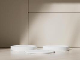 3d display product beige minimal scene with geometric podium platform. cylinder background 3d rendering with podium. stand for cosmetic products. Stage showcase on pedestal 3d beige studio photo