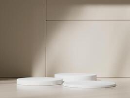 3d display product beige minimal scene with geometric podium platform. cylinder background 3d rendering with podium. stand for cosmetic products. Stage showcase on pedestal 3d beige studio photo