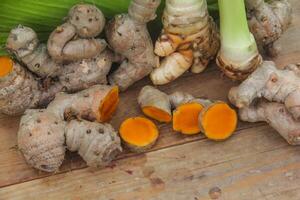 Turmeric or Curcuma longa Linn or rhizome root, a tuber plant that has a distinctive color and aroma photo