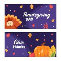 Abstract horizontal Happy Thanksgiving banner template. Trendy background with autumnal leaves, pumpkin and geometric shapes. border with copy space for text in flat style. vector