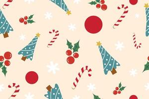 An endless Christmas pattern with cute decor elements on a red background. Flat cartoon illustration for postcards, banners, posters, packaging, paper. Seamless repeating pattern vector