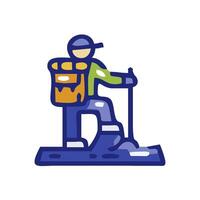 a man with a backpack on his back is standing on a snowboard vector