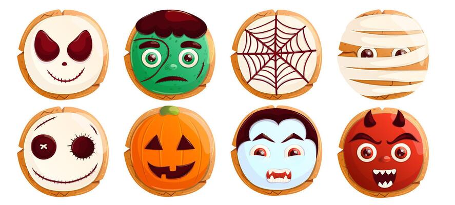 Halloween handmade cookies set. Scary sweet desserts collection. Trick or treat party elements