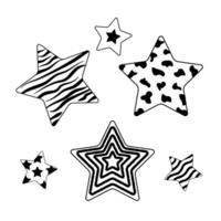 set of stars with a different pattern in black and white, geometric shapes with irregularities in the . For icons, postcards, prints, stickers, and decorations. vector