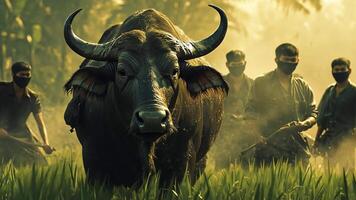 un toro es en el primer plano de un escena con Tres hombres en el antecedentes video