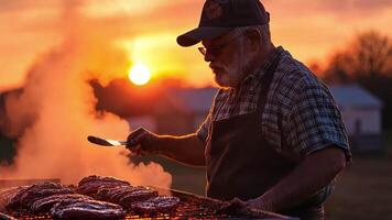 A man is cooking food on a grill with the sun setting in the background video