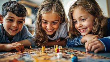 Three children are playing a board game together, smiling and laughing video