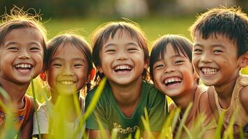 un grupo de niños son sonriente y riendo en un campo video
