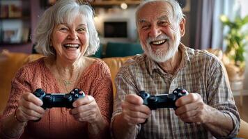 A man and woman are smiling and holding game controllers video