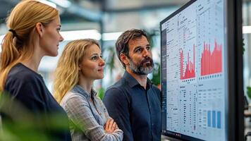 Three people are looking at a computer monitor with graphs on it video
