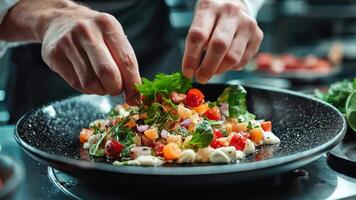 un cocinero es preparando un ensalada con un variedad de verduras, incluso Tomates video