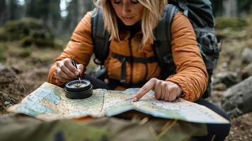 A woman is looking at a map and pointing to a spot video