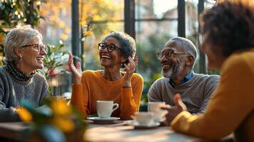 A group of older people are sitting around a table, smiling and laughing video