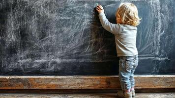 A young child is standing in front of a chalkboard, reaching up to write on it video