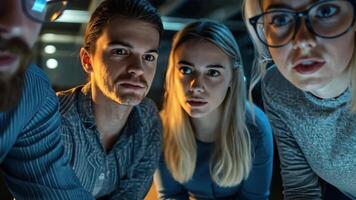 A group of people are looking at a screen, with one of them wearing glasses video