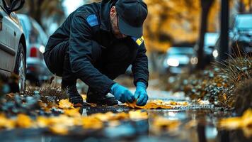 A man in a black jacket is crouching down and looking at something on the ground video