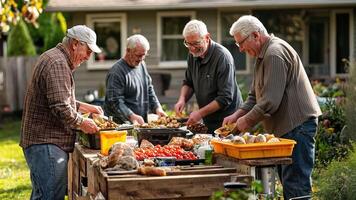 Four men are gathered around a table with food, enjoying each other's company video