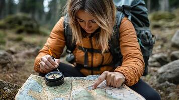 A woman is looking at a map and pointing to a spot video