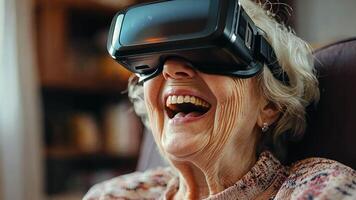 A woman is wearing a virtual reality headset and smiling video