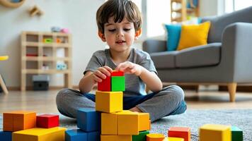 A young boy is playing with a large pile of blocks video