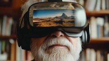 A man wearing a virtual reality headset is looking at a picture of mountains video
