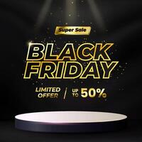 Black Friday Sale concept with a stage podium designed for showcasing products with balloons and dynamic light effects vector
