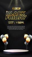 Vertical Black Friday Sale concept with a stage podium designed for showcasing products with balloons and dynamic light effects vector