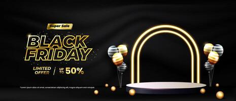 Black Friday Sale with balloons and dynamic light effects concept with a stage podium designed for showcasing products vector