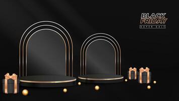 Black Friday Sale concept with a stage podium designed for showcasing products with gift box elements, complemented by a modern backdrop that includes balloons vector
