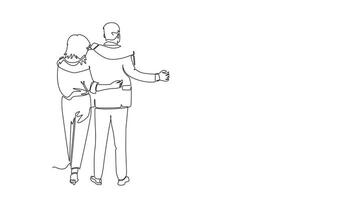 Animated self drawing of continuous line draw back view of group men and woman from multi ethnic standing together show their friendship bonding. Unity in diversity. Full length single line animation video