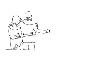 Animated self drawing continuous line draw back view of group men and woman from multi ethnic standing together to show their friendship bonding. Unity in diversity. Full length single line animation video